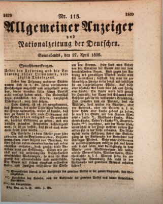Allgemeiner Anzeiger und Nationalzeitung der Deutschen (Allgemeiner Anzeiger der Deutschen) Samstag 27. April 1839
