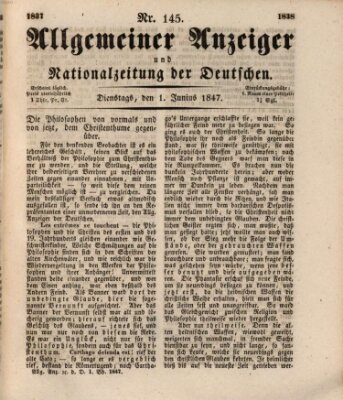Allgemeiner Anzeiger und Nationalzeitung der Deutschen (Allgemeiner Anzeiger der Deutschen) Dienstag 1. Juni 1847