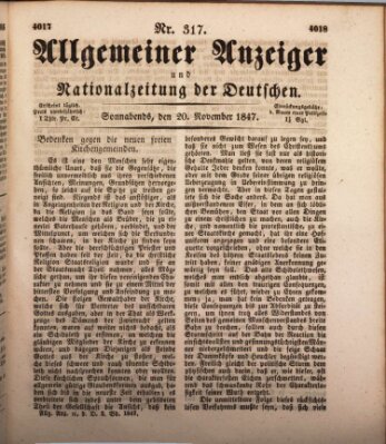 Allgemeiner Anzeiger und Nationalzeitung der Deutschen (Allgemeiner Anzeiger der Deutschen) Samstag 20. November 1847