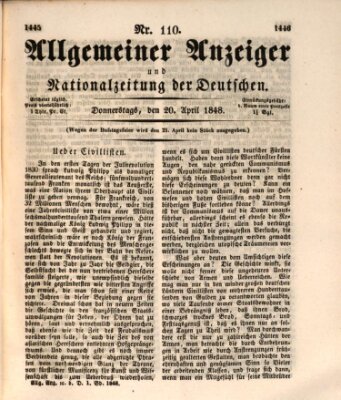 Allgemeiner Anzeiger und Nationalzeitung der Deutschen (Allgemeiner Anzeiger der Deutschen) Donnerstag 20. April 1848