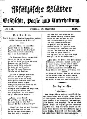 Pfälzische Blätter für Geschichte, Poesie und Unterhaltung (Zweibrücker Wochenblatt) Freitag 29. September 1854