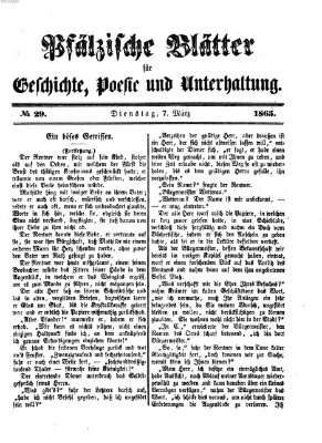 Pfälzische Blätter für Geschichte, Poesie und Unterhaltung (Zweibrücker Wochenblatt) Dienstag 7. März 1865
