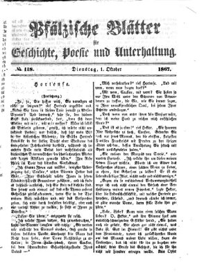 Pfälzische Blätter für Geschichte, Poesie und Unterhaltung (Zweibrücker Wochenblatt) Dienstag 1. Oktober 1867