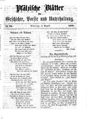 Pfälzische Blätter für Geschichte, Poesie und Unterhaltung (Zweibrücker Wochenblatt) Montag 8. August 1870