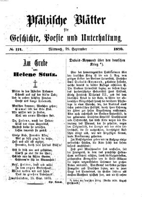 Pfälzische Blätter für Geschichte, Poesie und Unterhaltung (Zweibrücker Wochenblatt) Mittwoch 28. September 1870