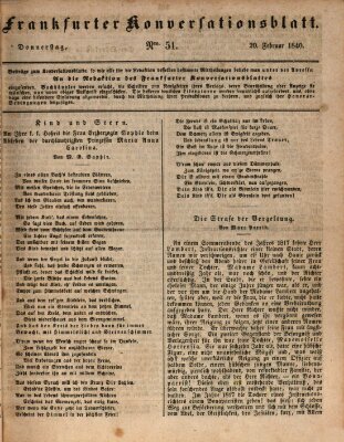 Frankfurter Konversationsblatt (Frankfurter Ober-Post-Amts-Zeitung) Donnerstag 20. Februar 1840