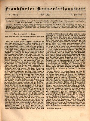 Frankfurter Konversationsblatt (Frankfurter Ober-Post-Amts-Zeitung) Dienstag 14. Juli 1840
