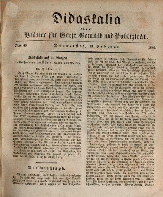 Didaskalia oder Blätter für Geist, Gemüth und Publizität (Didaskalia) Donnerstag 18. Februar 1830