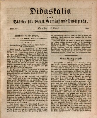 Didaskalia oder Blätter für Geist, Gemüth und Publizität (Didaskalia) Samstag 17. April 1830