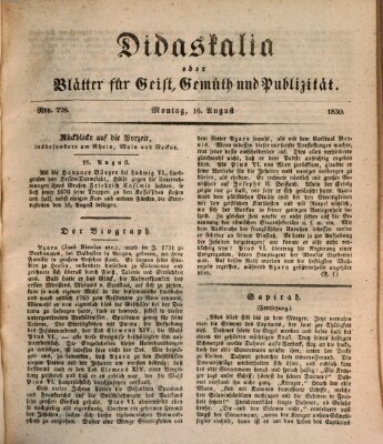 Didaskalia oder Blätter für Geist, Gemüth und Publizität (Didaskalia) Montag 16. August 1830