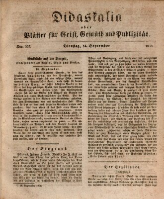 Didaskalia oder Blätter für Geist, Gemüth und Publizität (Didaskalia) Dienstag 14. September 1830