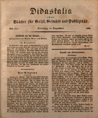 Didaskalia oder Blätter für Geist, Gemüth und Publizität (Didaskalia) Dienstag 21. Dezember 1830