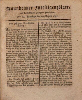 Mannheimer Intelligenzblatt Dienstag 9. August 1791