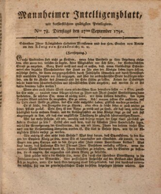 Mannheimer Intelligenzblatt Dienstag 27. September 1791