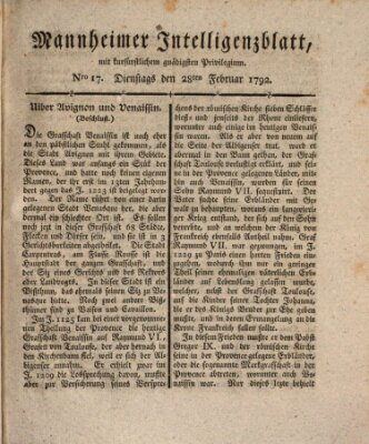 Mannheimer Intelligenzblatt Dienstag 28. Februar 1792