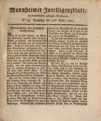 Mannheimer Intelligenzblatt Dienstag 20. März 1792