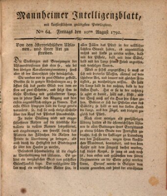 Mannheimer Intelligenzblatt Freitag 10. August 1792