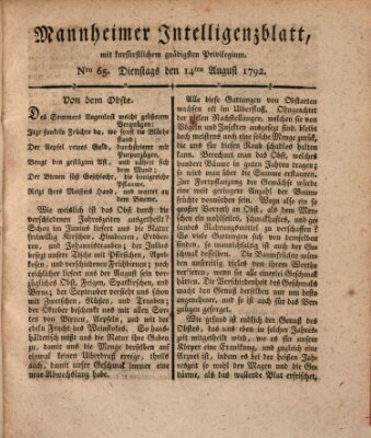 Mannheimer Intelligenzblatt Dienstag 14. August 1792