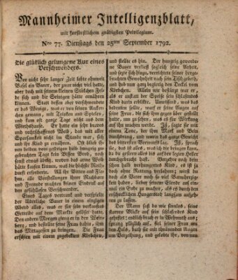 Mannheimer Intelligenzblatt Dienstag 25. September 1792