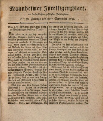 Mannheimer Intelligenzblatt Freitag 28. September 1792
