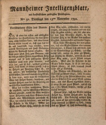 Mannheimer Intelligenzblatt Dienstag 13. November 1792