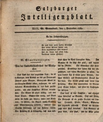 Salzburger Intelligenzblatt Samstag 5. Dezember 1789