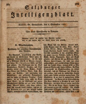 Salzburger Intelligenzblatt Samstag 8. September 1792