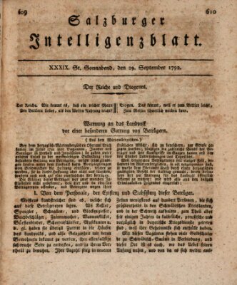 Salzburger Intelligenzblatt Samstag 29. September 1792