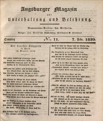 Augsburger Magazin für Unterhaltung und Belehrung (Neue Augsburger Zeitung) Sonntag 7. Februar 1830