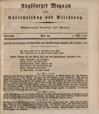 Augsburger Magazin für Unterhaltung und Belehrung (Neue Augsburger Zeitung) Mittwoch 4. Mai 1831