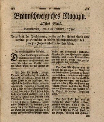 Braunschweigisches Magazin (Braunschweigische Anzeigen) Samstag 2. Oktober 1790