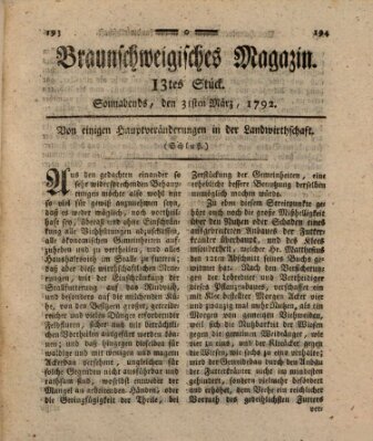 Braunschweigisches Magazin (Braunschweigische Anzeigen) Samstag 31. März 1792