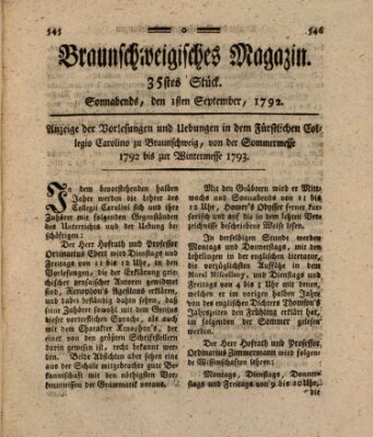 Braunschweigisches Magazin (Braunschweigische Anzeigen) Samstag 1. September 1792