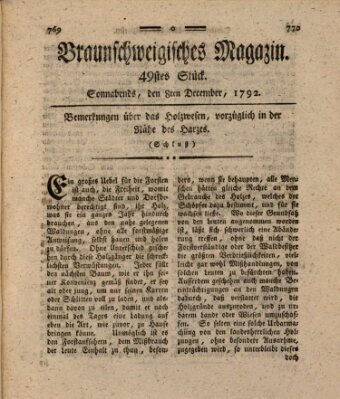 Braunschweigisches Magazin (Braunschweigische Anzeigen) Samstag 8. Dezember 1792
