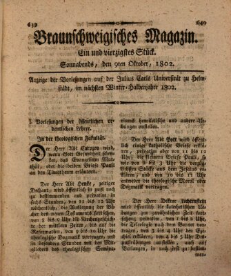 Braunschweigisches Magazin (Braunschweigische Anzeigen) Samstag 9. Oktober 1802