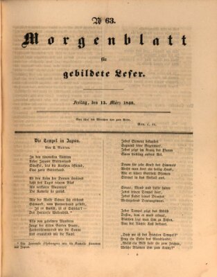 Morgenblatt für gebildete Leser (Morgenblatt für gebildete Stände) Freitag 13. März 1840