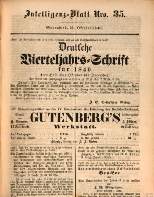 Morgenblatt für gebildete Leser (Morgenblatt für gebildete Stände) Samstag 31. Oktober 1840