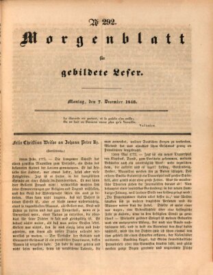 Morgenblatt für gebildete Leser (Morgenblatt für gebildete Stände) Montag 7. Dezember 1840