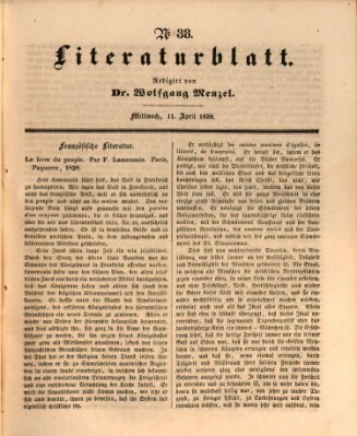 Morgenblatt für gebildete Leser (Morgenblatt für gebildete Stände) Mittwoch 11. April 1838
