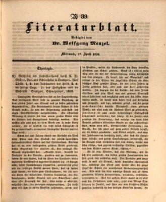 Morgenblatt für gebildete Leser (Morgenblatt für gebildete Stände) Mittwoch 17. April 1839