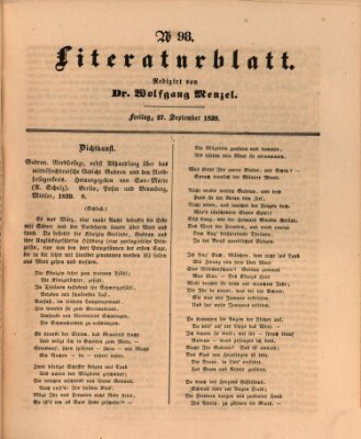 Morgenblatt für gebildete Leser (Morgenblatt für gebildete Stände) Freitag 27. September 1839