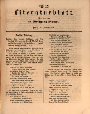 Morgenblatt für gebildete Leser (Morgenblatt für gebildete Stände) Freitag 14. Februar 1840