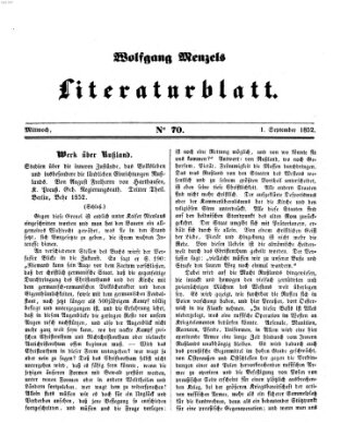 Literaturblatt (Morgenblatt für gebildete Stände) Mittwoch 1. September 1852