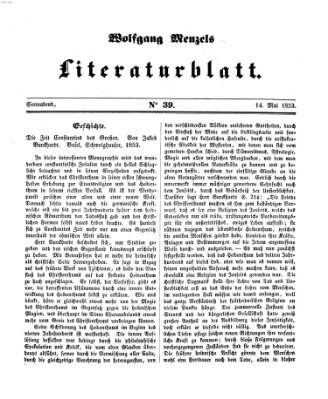 Literaturblatt (Morgenblatt für gebildete Stände) Samstag 14. Mai 1853
