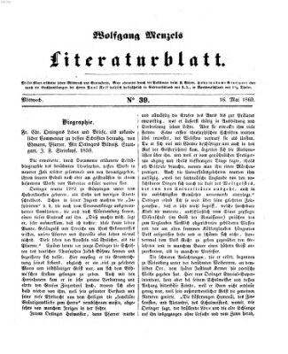 Literaturblatt (Morgenblatt für gebildete Stände) Mittwoch 16. Mai 1860