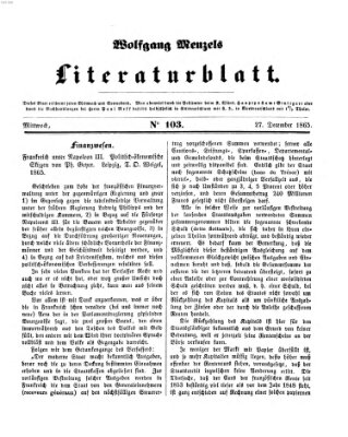 Literaturblatt (Morgenblatt für gebildete Stände) Mittwoch 27. Dezember 1865