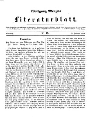 Literaturblatt (Morgenblatt für gebildete Stände) Mittwoch 21. Februar 1866