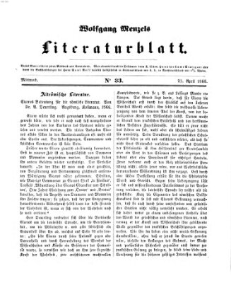 Literaturblatt (Morgenblatt für gebildete Stände) Mittwoch 25. April 1866