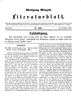 Literaturblatt (Morgenblatt für gebildete Stände) Samstag 15. Dezember 1866