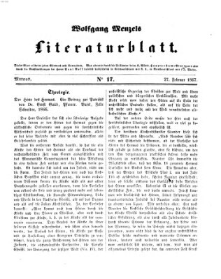 Literaturblatt (Morgenblatt für gebildete Stände) Mittwoch 27. Februar 1867